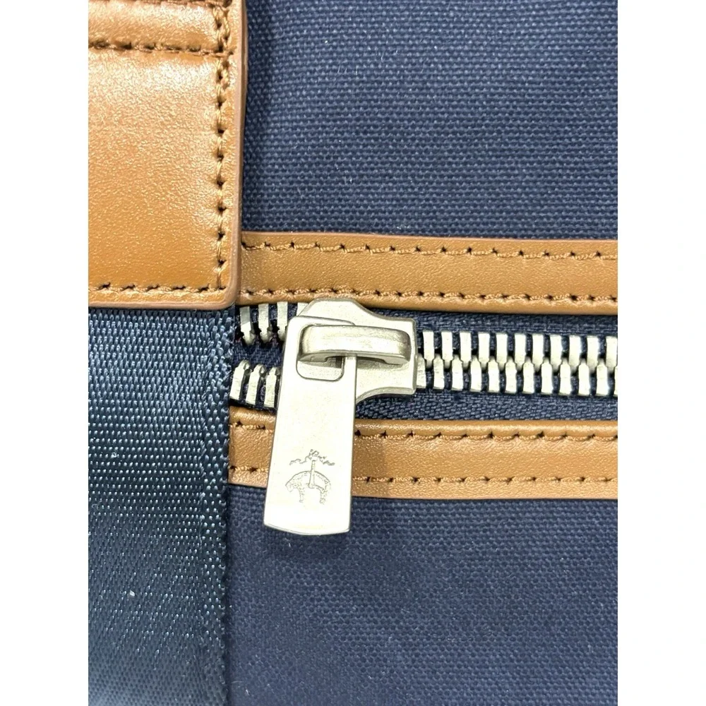 Brooks Brothers Navy Canvas Leather Trim Weekender Duffel Travel Bag Plaid